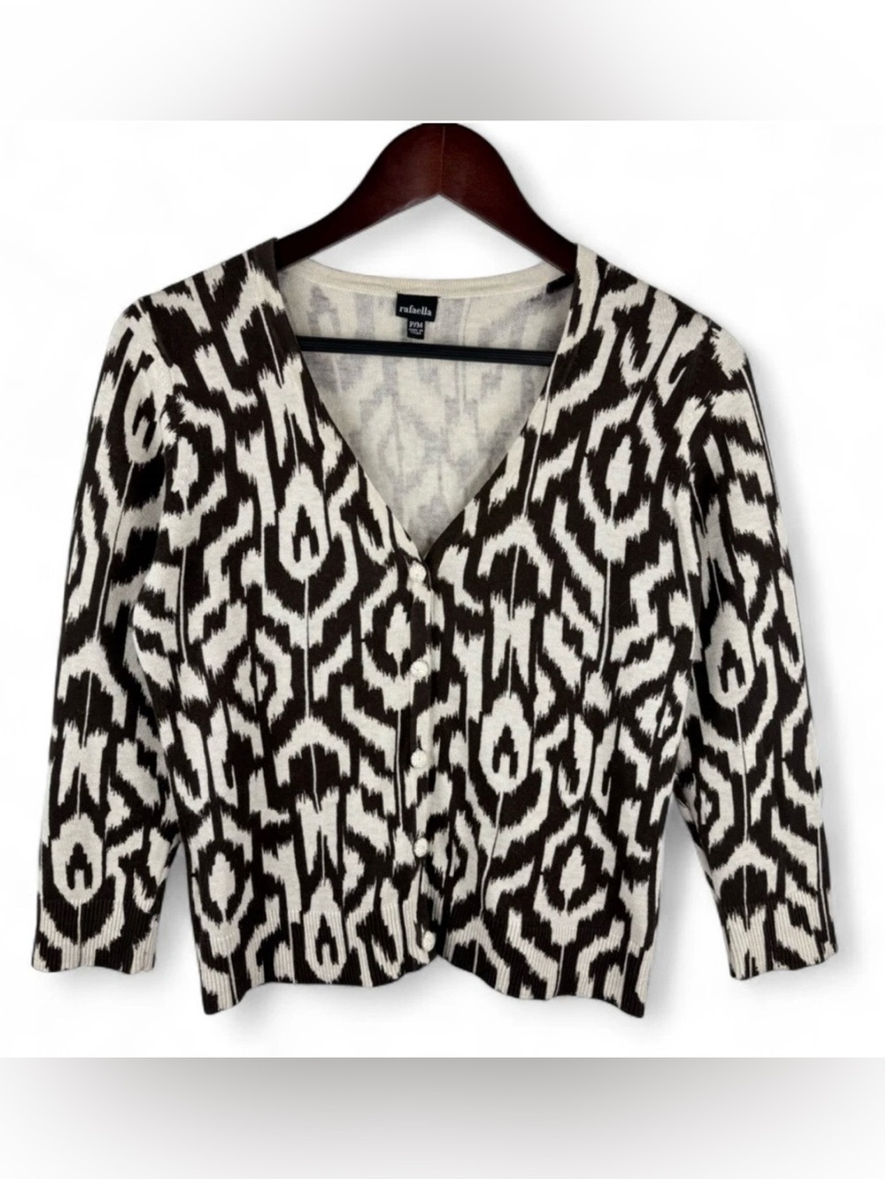 Rafaella Black and Cream Ikat Print V-Neck Button Cardigan